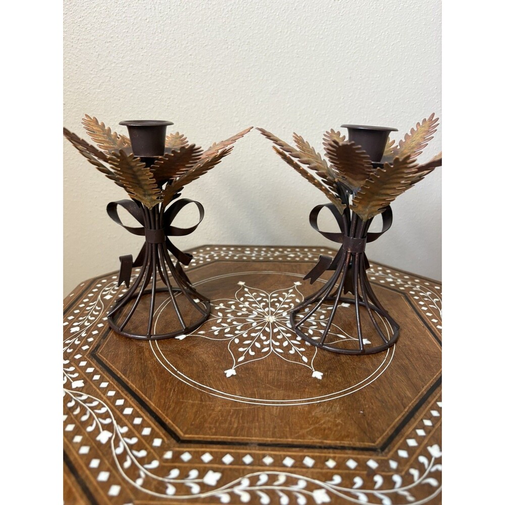 Pair Of Rustic Metal Coppertone Harvest Wheat Taper Candle Holders Fall Decor